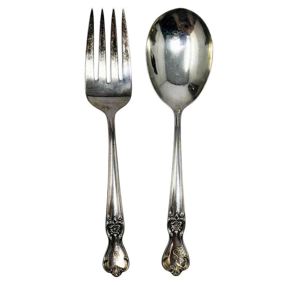 Old Company Plate Signature Rose Serving Spoon & Meat Fork 8” Mono S